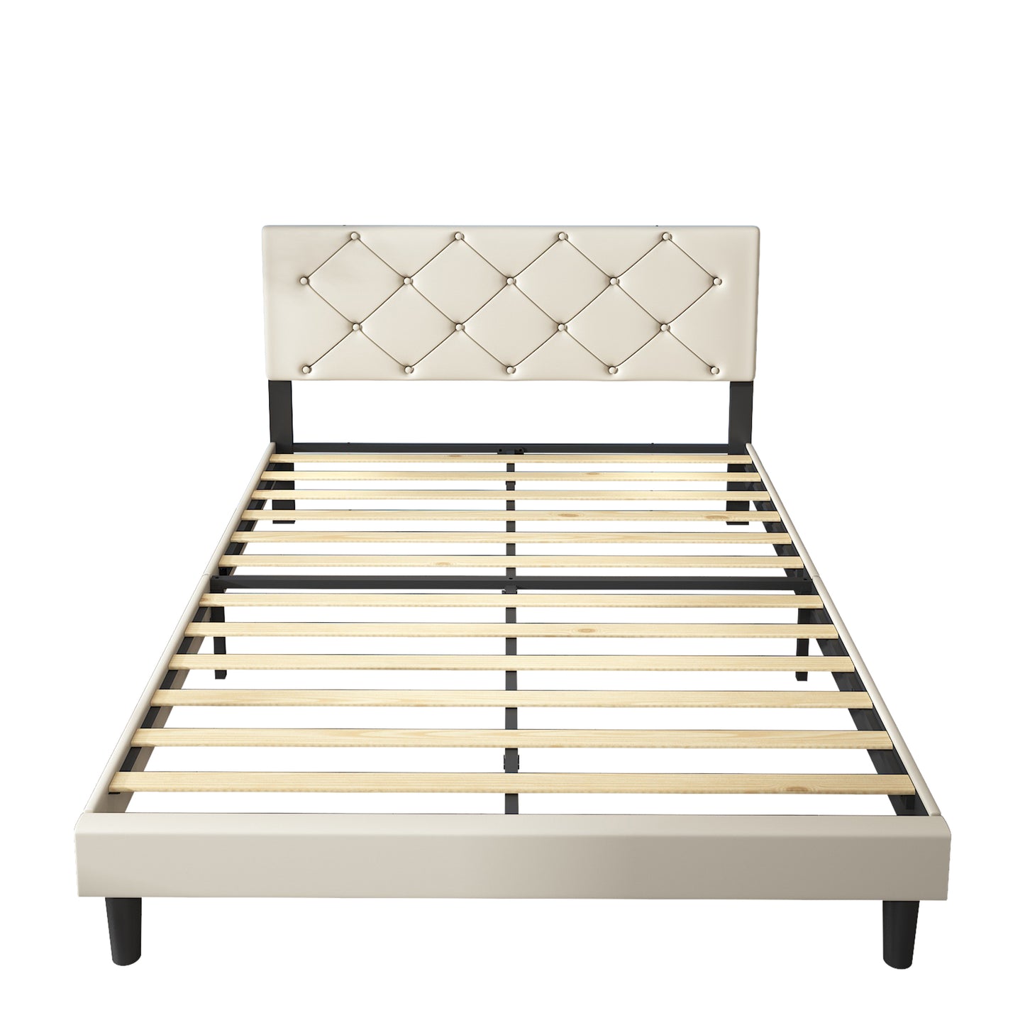 White Fabric Upholstered Platform Bed Frame Queen Size with Height Adjustable Headboard, Mattress Foundation with Strong Wooden Slat Support, No Box Spring Needed