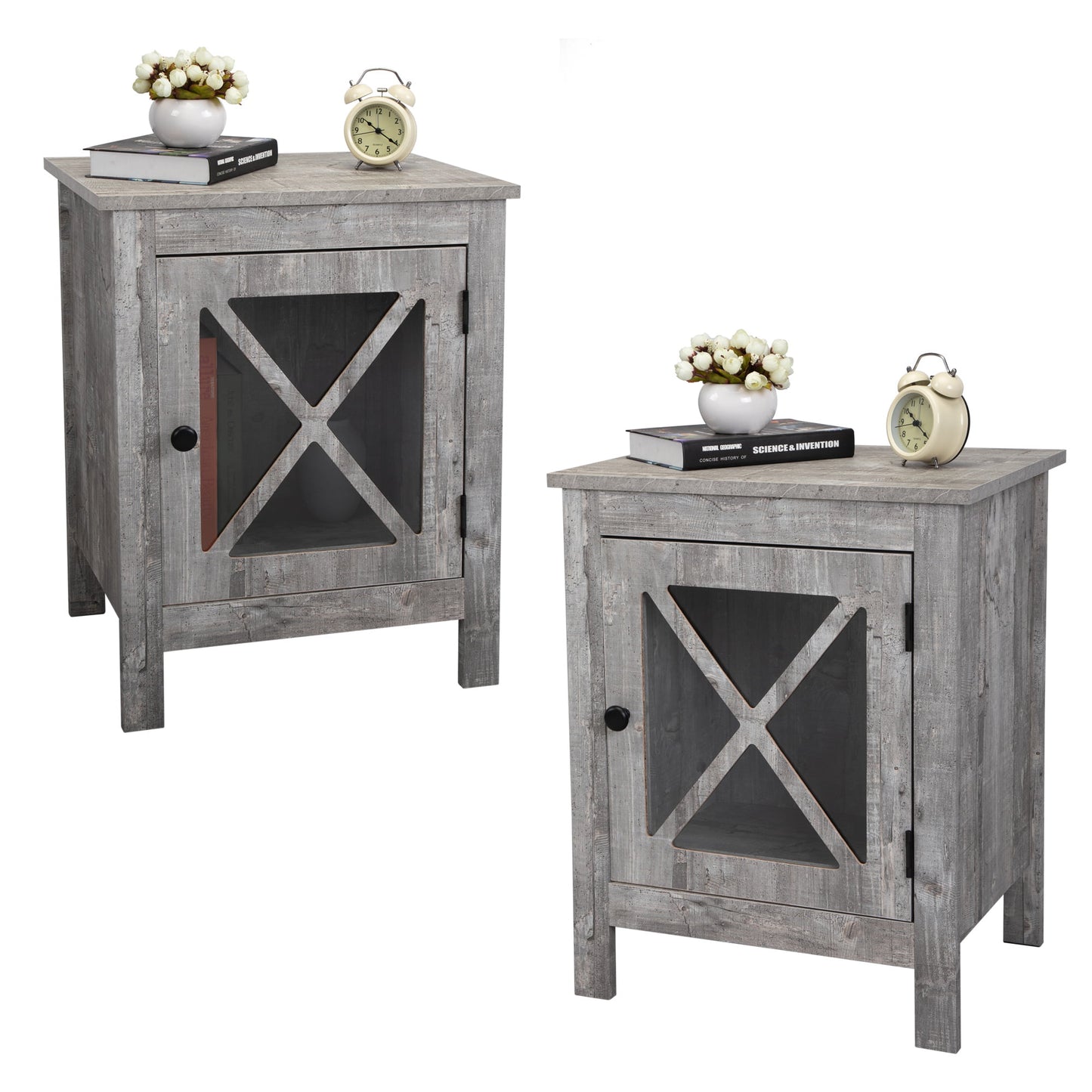 SYNGAR Gray Farmhouse Nightstand Set of 2, Rustic Side Table End Table with Storage Drawer and Door for Bedroom Living Room