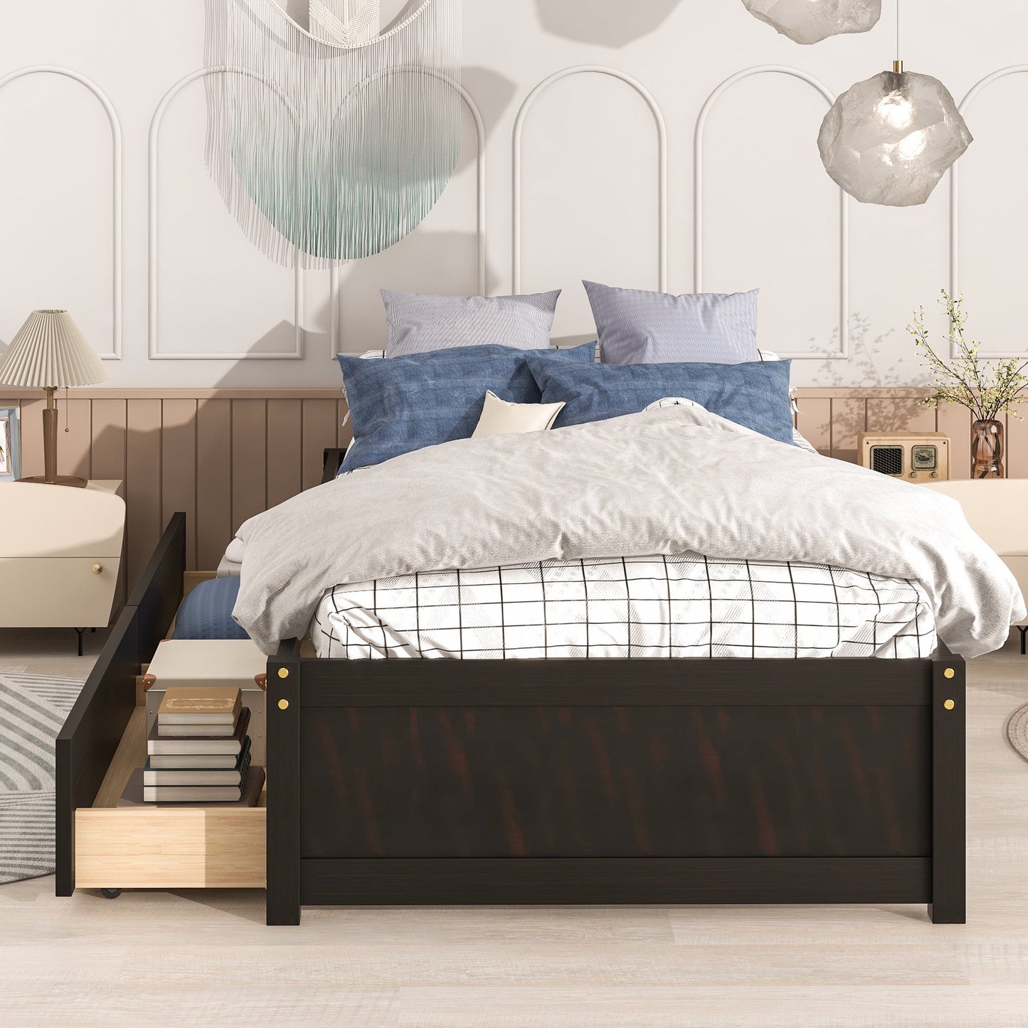 SYNGAR Espresso Wood Twin Platform Bed Frame with Storage, Solid Pine Wood Kids Bed Frame with 2 Storage Drawers, No Box Spring Needed