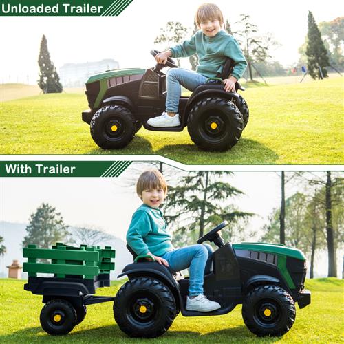 SYNGAR Kids Electric Tractor with Trailer, 12V Children Ride On Tractor, Pedal Powered Kids Ride on Car, 2 Speeds Children's Riding Car with Leather Seat Music Lights for 3 to 8 Years
