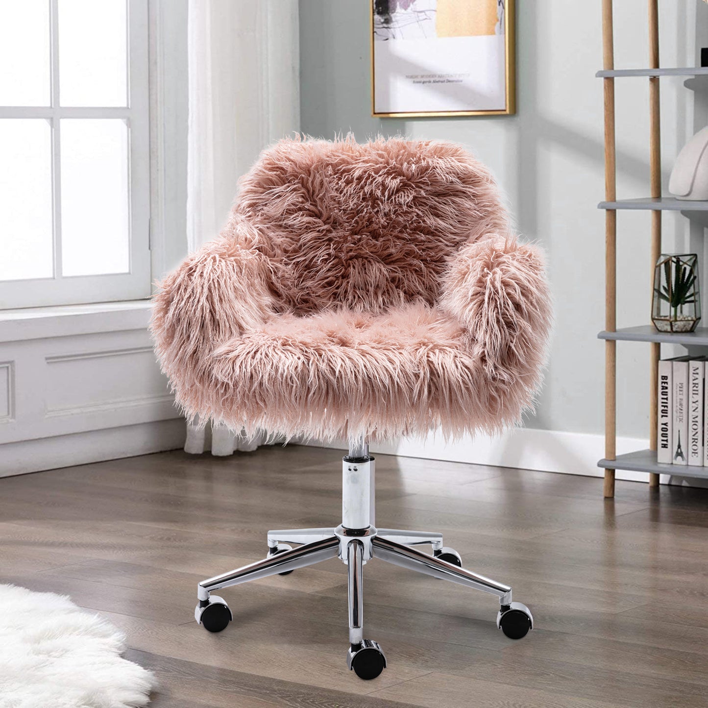 SYNGAR Cute Pink Fluffy Desk Chair for Teen Girl Kids, Home Office Computer Desk Chairs with Wheels, Comfy Faux Fur Swivel Rolling Task Chair Vanity Chair for Makeup Room, Bedroom, Living Room