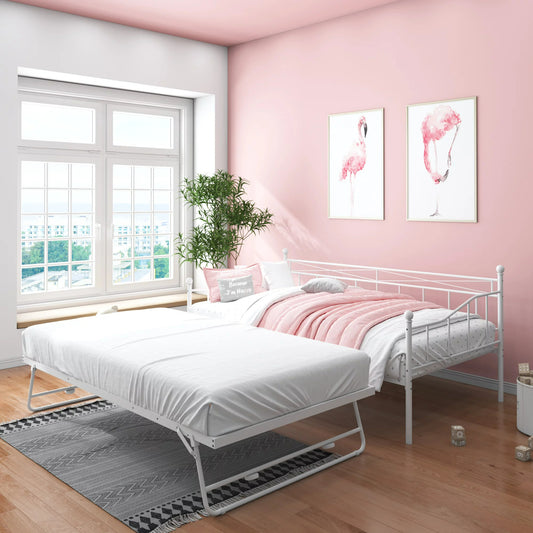 Twin Daybed with Pop Up Trundle, Metal Twin Size Daybed Frame, Space Saving Sofa Bed with Trundle Bed, Modern Home Platform Bed for Living Room/Bedroom, No Box Spring Needed, White, D6613