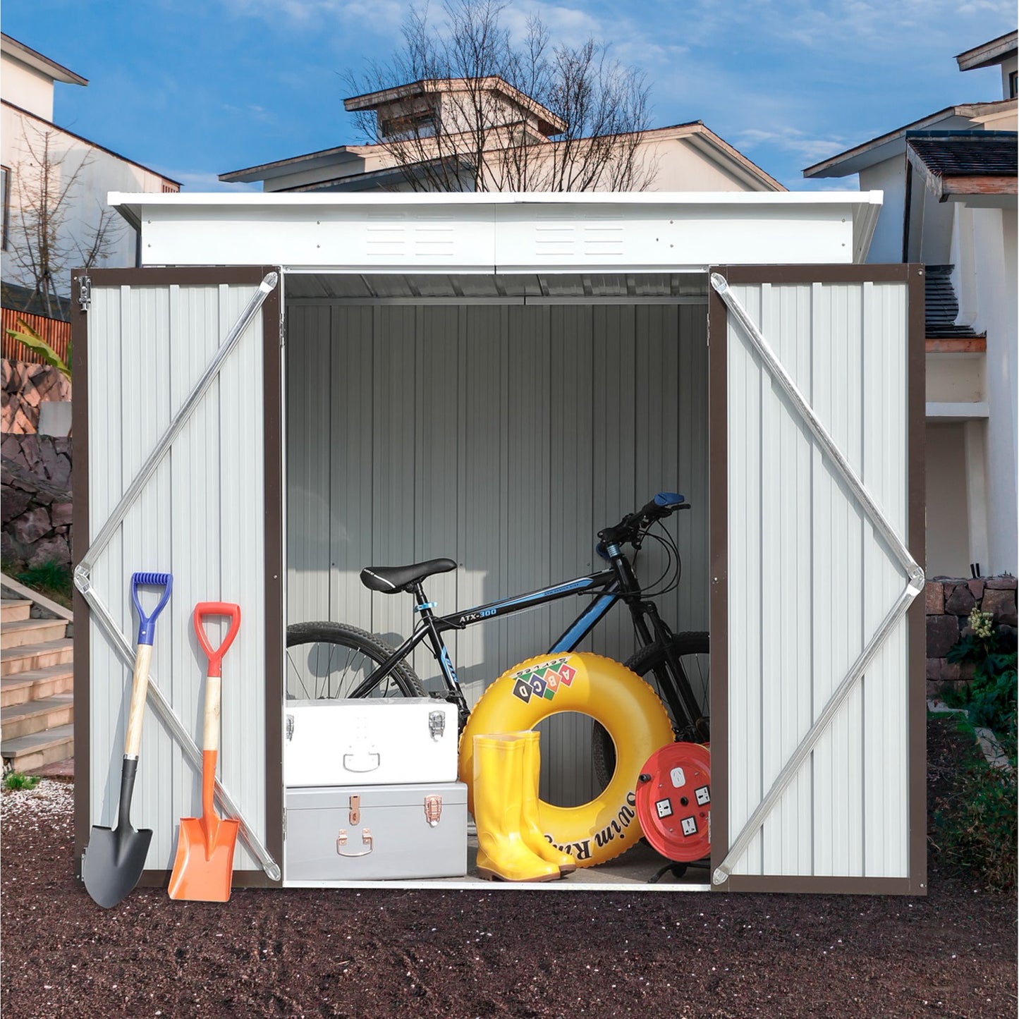 Outdoor Shed Storage Cabinet, 6FT X 4FT Garden Storage Shed Metal with Lockable Doors, Outside Vertical Shed Bike Shed