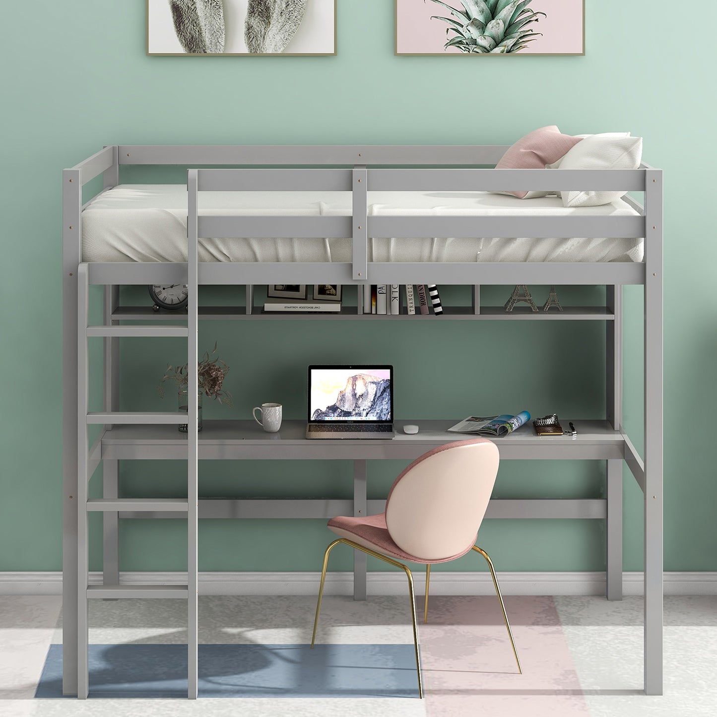 Solid Wood Loft Bed, Twin Size Loft Bed with Desk and Shelves, Space Saving Bed Frame with Ladder and Safety Guardrails, Perfect for Kids/Teens/Adults Bedroom, No Box Spring Needed, Gray, D5737