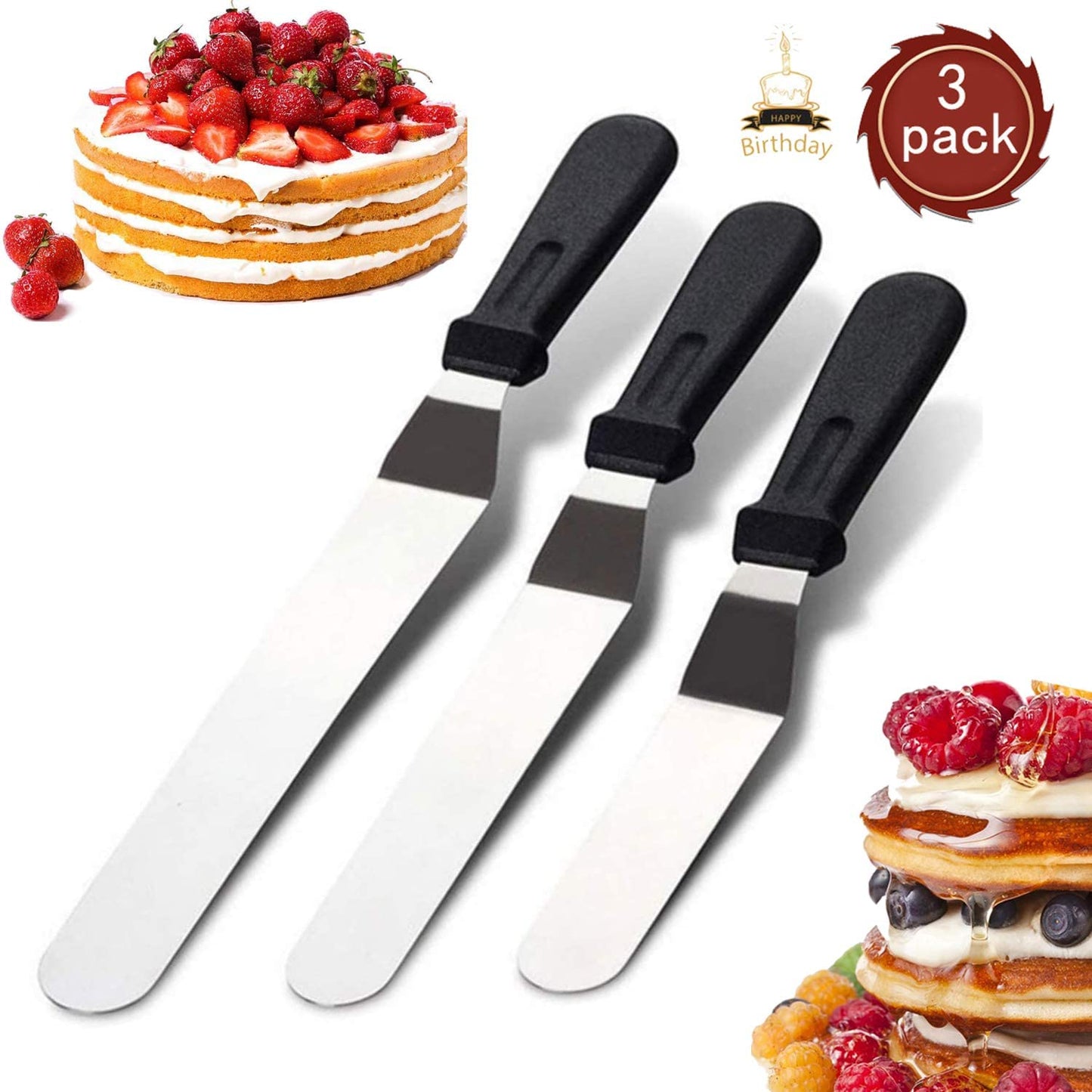 Angled Icing Spatula, Stainless Steel Offset Spatula, Cake Spatula Set of 3 Black 6, 8 10 inch Blade