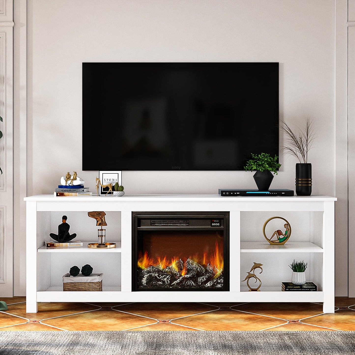 SYNGAR 58" TV Stand for TVs up to 65 inch, with Fireplace, Retro Farmhouse TV Cabinet with Storage, Fireplace TV Stand for Living Room, Entertainment Center TV Cabinet, Espresso, D3186