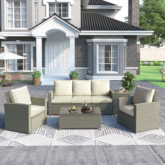 SYNGAR Outdoor Furniture Set, 5 Pieces Patio PE Rattan Wicker Furniture Sofa Set Outdoor Indoor Furniture Set for Backyard Lawn Garden Deck, Beige