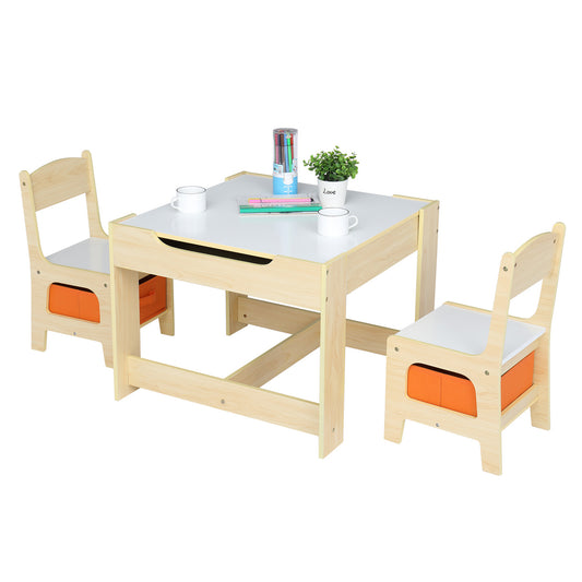 Kids Table and Chair Set with 2 Storage Bags, Toddler 3 in 1 Study Activity Table & 2 Chairs Set w/ Removable Desktop, Children Play Table Set for Art, Crafts, Reading, Writing, Drawing, Wooden, C17