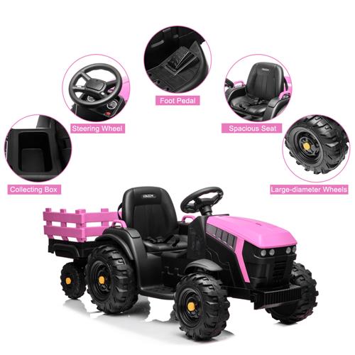 Kids Electric Tractor with Trailer, 12V Power Children Ride On Tractor, Kids Ride on Car, 2 Speeds Children's Riding Car with Leather Seat Music Lights for 3 to 8 Years, K1028