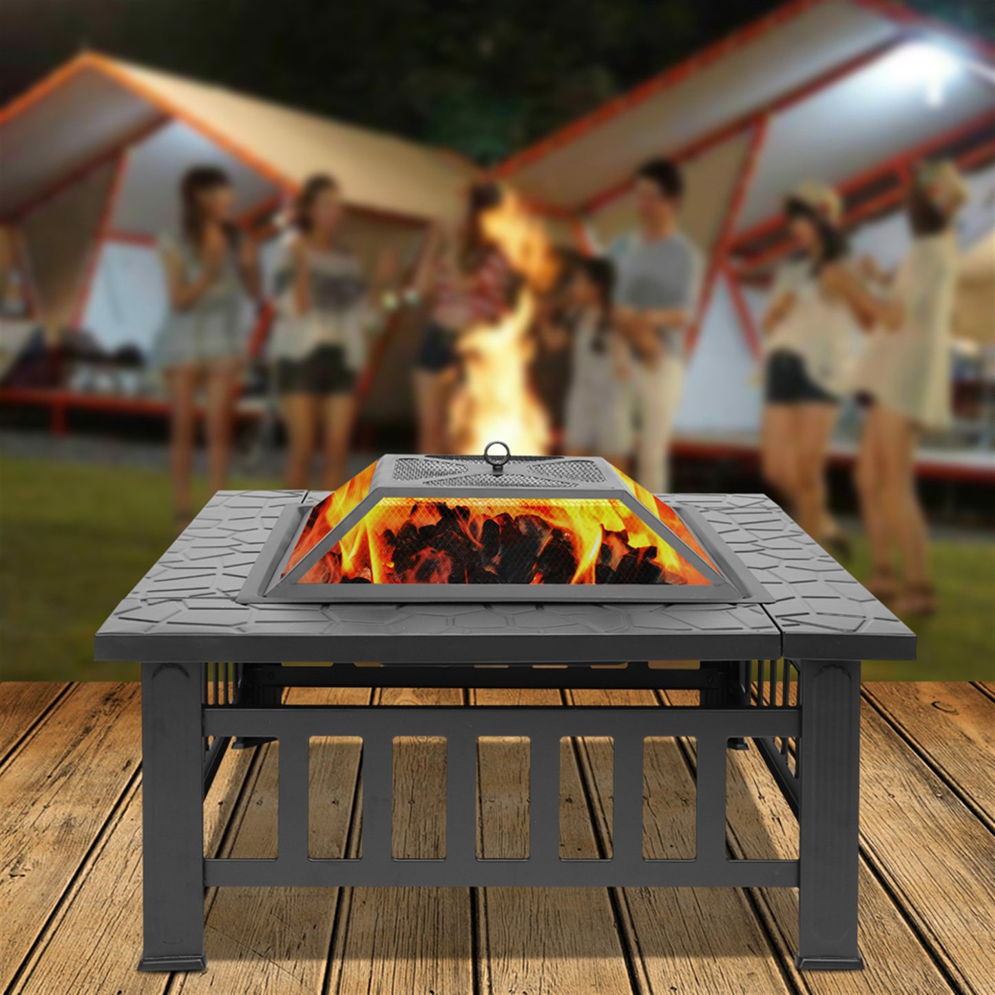 32 Inch Square Metal Fire Pit, Outdoor Wood Burning Bonfire Stove with Mesh Lid, Grate, BBQ Grill and Poker, Portable Charcoal Grill Fire Stove for Camping, Picnic, Party, Backyard, C12