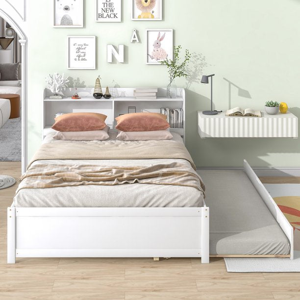 SYNGAR Full Bed Frame with Storage and Trundle for Teens Adults, White Trundle Full Bed Frame with Bookcase Headboard, Solid wood, Easy to Assemble, No Box Spring Needed