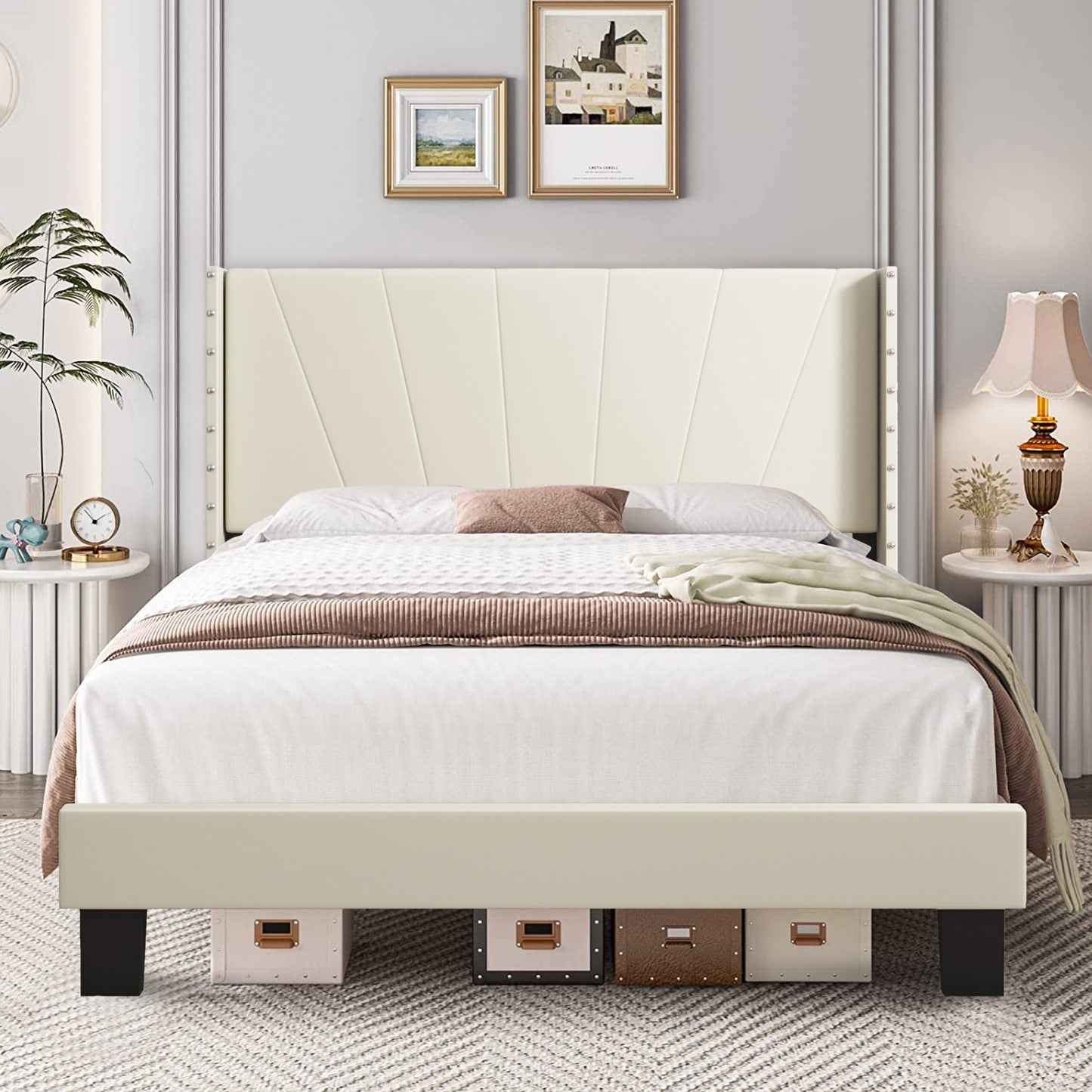 SYNGAR Beige Fabric Upholstered Platform Bed Frame Twin Size with Rivet Wingback Headboard, Metal Frame Mattress Foundation with Strong Wooden Slat Support, No Box Spring Needed, Easy Assembly