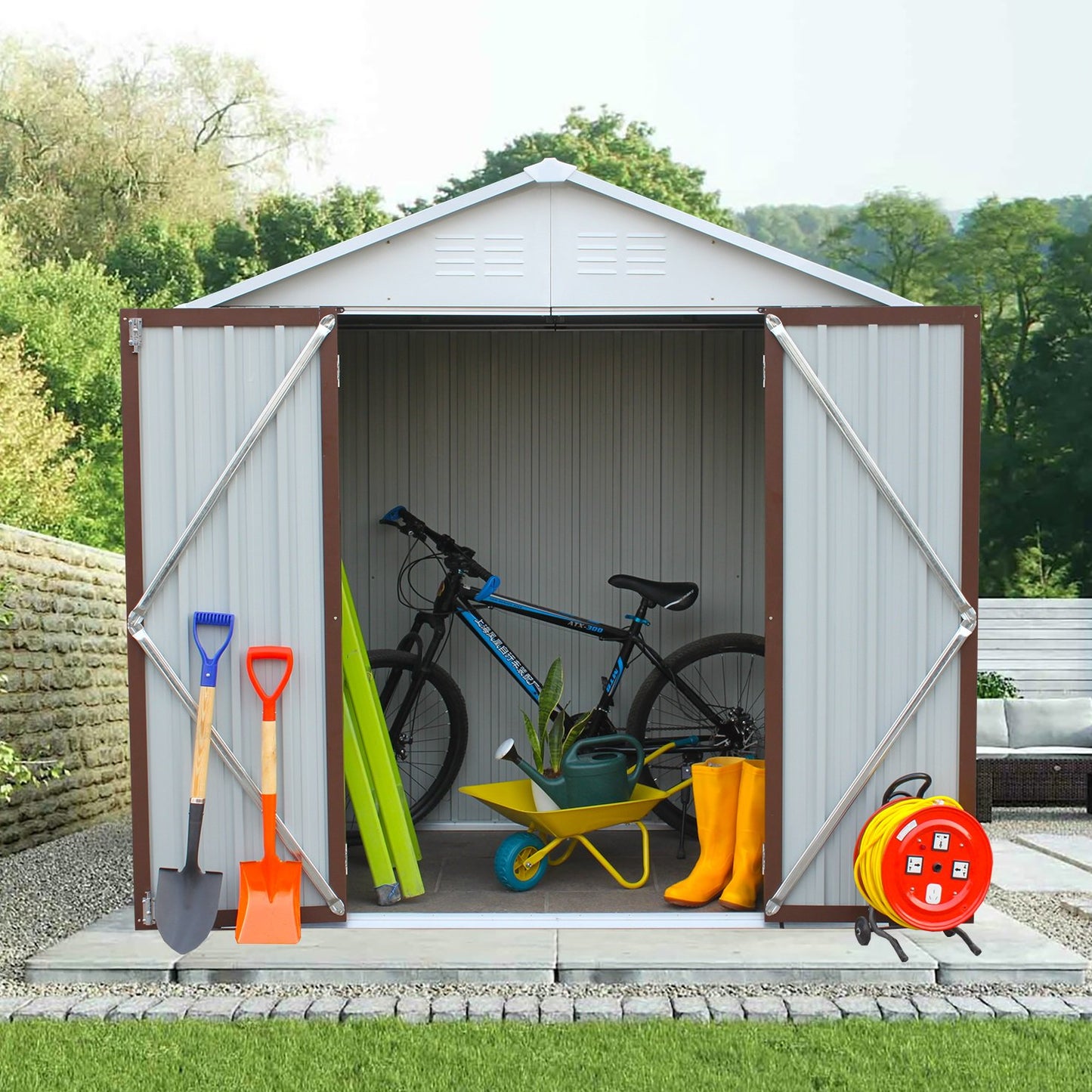 Outdoor Shed Storage Cabinet, 6FT X 4FT Garden Storage Shed Metal with Lockable Doors, Outside Vertical Shed Bike Shed