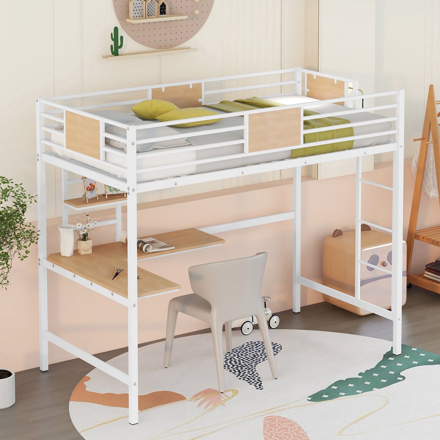 Twin Loft Bed Frame with Desk for Teens Kids, Classic Metal Bed Frames in Twin with Desk Ladder and Guardrails, Kids Bed Frame, White, LJ502