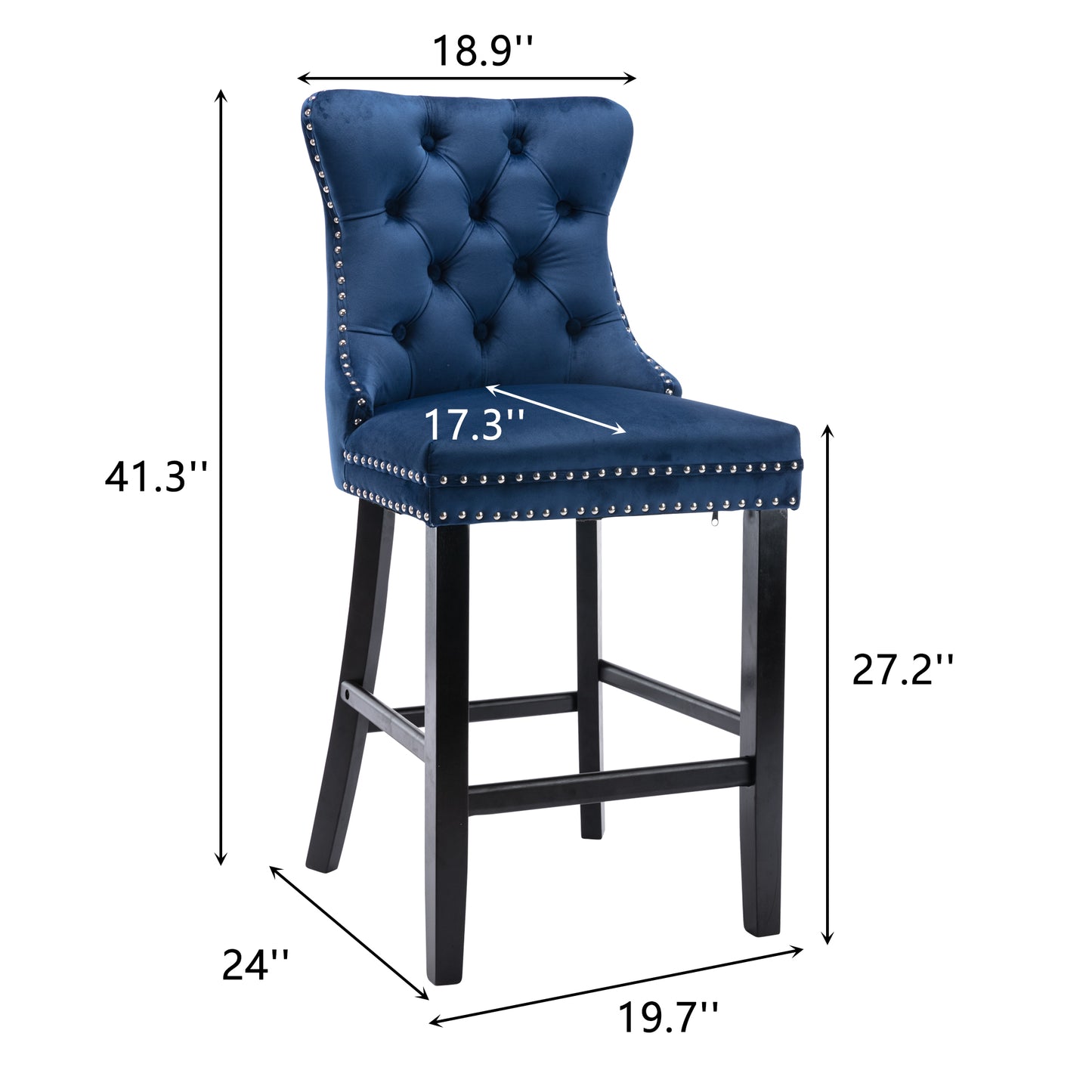 SYNGAR Bar Stools Set of 2, Velvet Upholstered Bar Chair with Wood Legs Nailhead Trim Tufted Back, High End Counter Height Bar Stools, Bar Chairs for Bar Counter Kitchen, Wood Barstool Set, Blue
