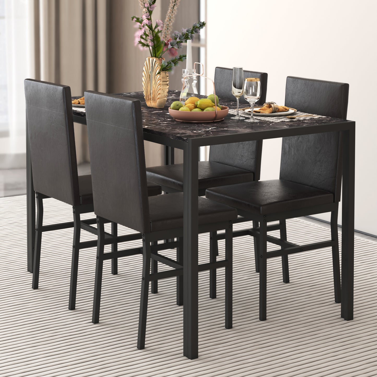 Modern Dining Table Set for 4, Faux Marble Table and PU Leather Upholstered Chairs Set, 5 Piece Kitchen Dining Set, Dining Table and Chairs Set for Small Space, Breakfast Nook, Brown, D7153