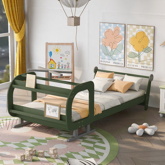 CASEMIOL Twin Bed Frame, Airplane Shape, with Rotatable Propeller, Twin Size Platform Bed with Storage Shelves, for Kids, Boys, Girls Bedroom, Wood Slats Support, Green