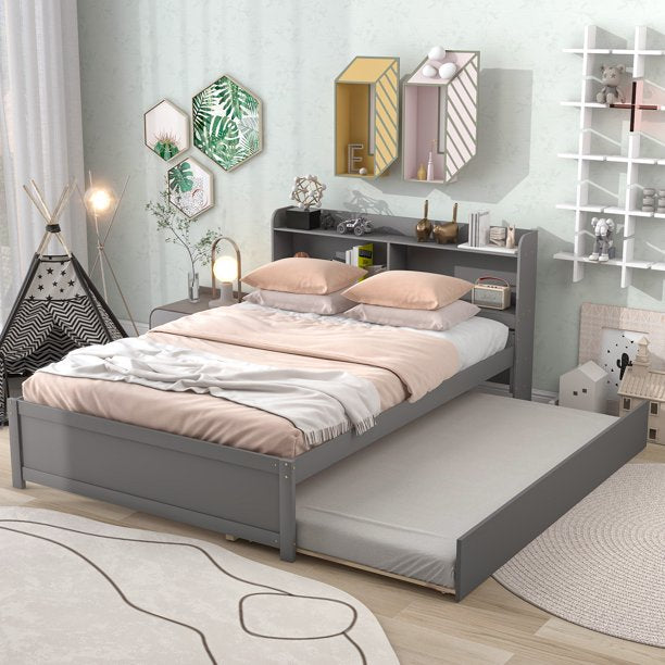 SYNGAR Full Bed Frame with Storage and Trundle for Teens Adults, Gray Trundle Full Bed Frame with Bookcase Headboard, Solid wood, Easy to Assemble, No Box Spring Needed