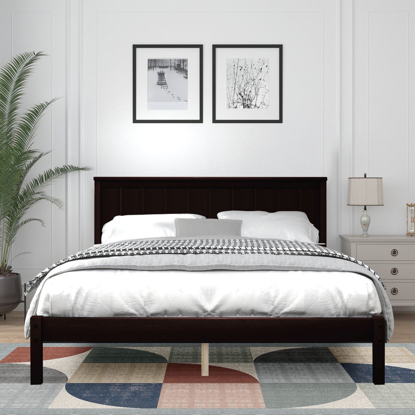 Full Size Bed frame, Wooden Bed Frame with Headboard, Full Bed Frame for Kids Adults, Full Size Bed Frame for Bedroom, Espresso, LJ2452