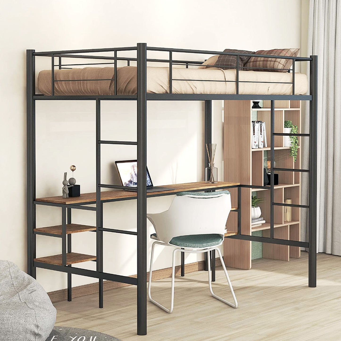 Twin Loft Bed Frame with Desk for Teens Kids, Classic Metal Bed Frames in Twin with Desk Ladder and Guardrails, Kids Bed Frame, Black, LJ503