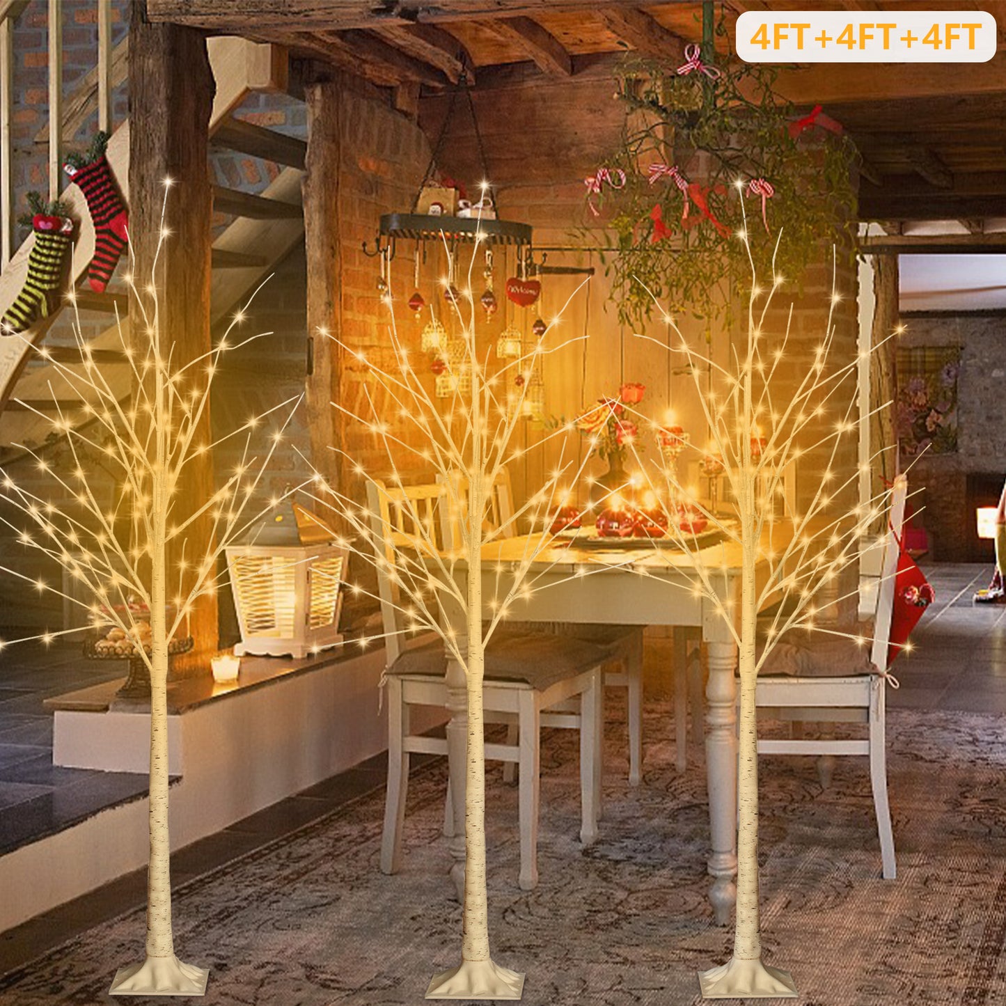 Lighted Birch Trees with LED Fairy Lights, 4ft Christmas Trees Set of 3, White Birch Tree for Christmas Decoration, Indoor and Outdoor, Garden, Festival Party Use, Warm White, D4013