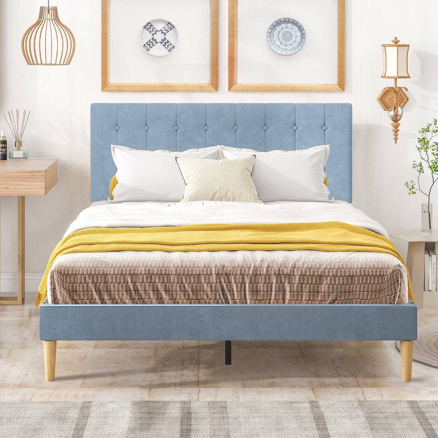 SYNGAR Beige Fabric Upholstered Platform Bed Frame Twin Size with Rivet Wingback Headboard, Metal Frame Mattress Foundation with Strong Wooden Slat Support, No Box Spring Needed, Easy Assembly