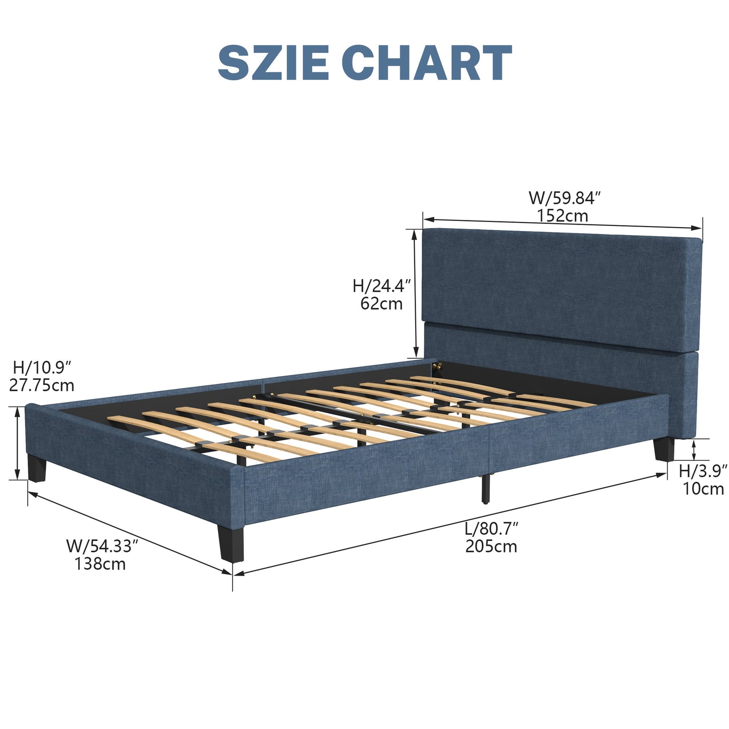 SYNGAR Dark Blue Fabric Upholstered Platform Bed Frame Full Size with Elegant Headboard, Wood Frame Bedroom Furniture with Strong Slat Support, No Box Spring Needed, Noise Free, Easy Assembly