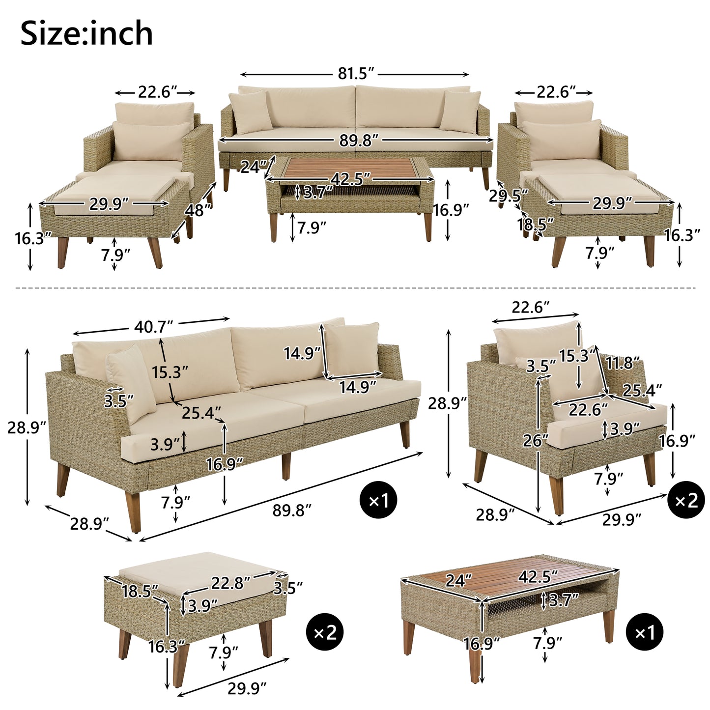 Syngar 6 Piece Patio Furniture Set, Outdoor Sectional Sofa Set with Ottomans, Coffee Table and Brown Cushions, All Weather Brown PE Wicker Conversation Chairs Set for Yard Balcony Poolside Deck