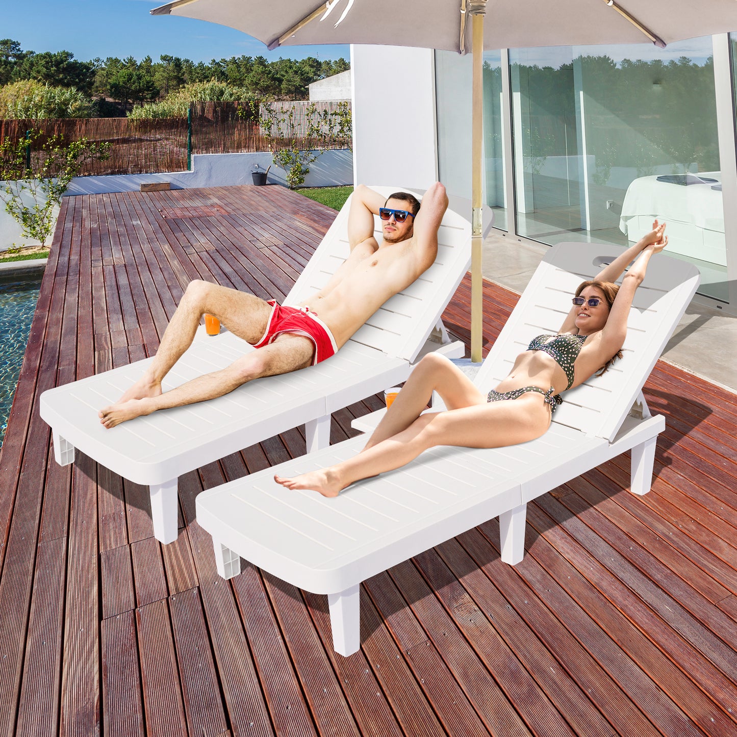 SYNGAR Patio Adjustable Chaise Loungers, Set of 2, Outdoor White PP Resin Lounge Chairs with 5 Angles Adjustable, Poolside Reclining Lounge Chairs, Sun Lounger for Outside, D7052