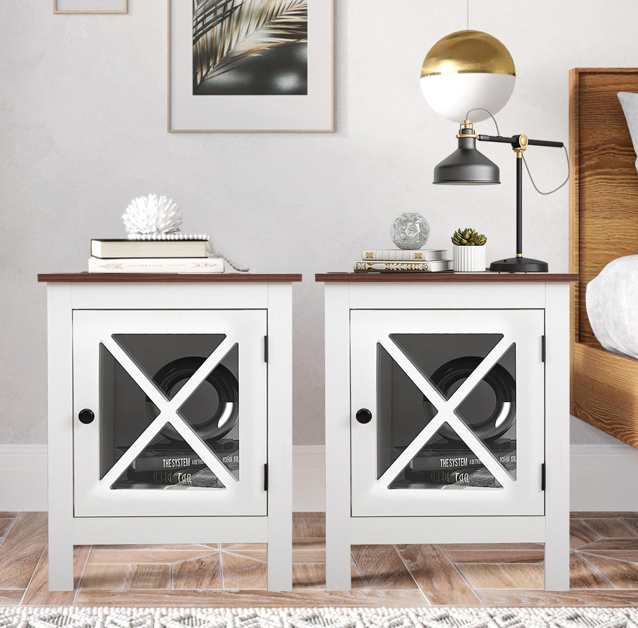 SYNGAR White Farmhouse Nightstand Set of 2, Rustic Side Table End Table with Storage Drawer and Door for Bedroom Living Room