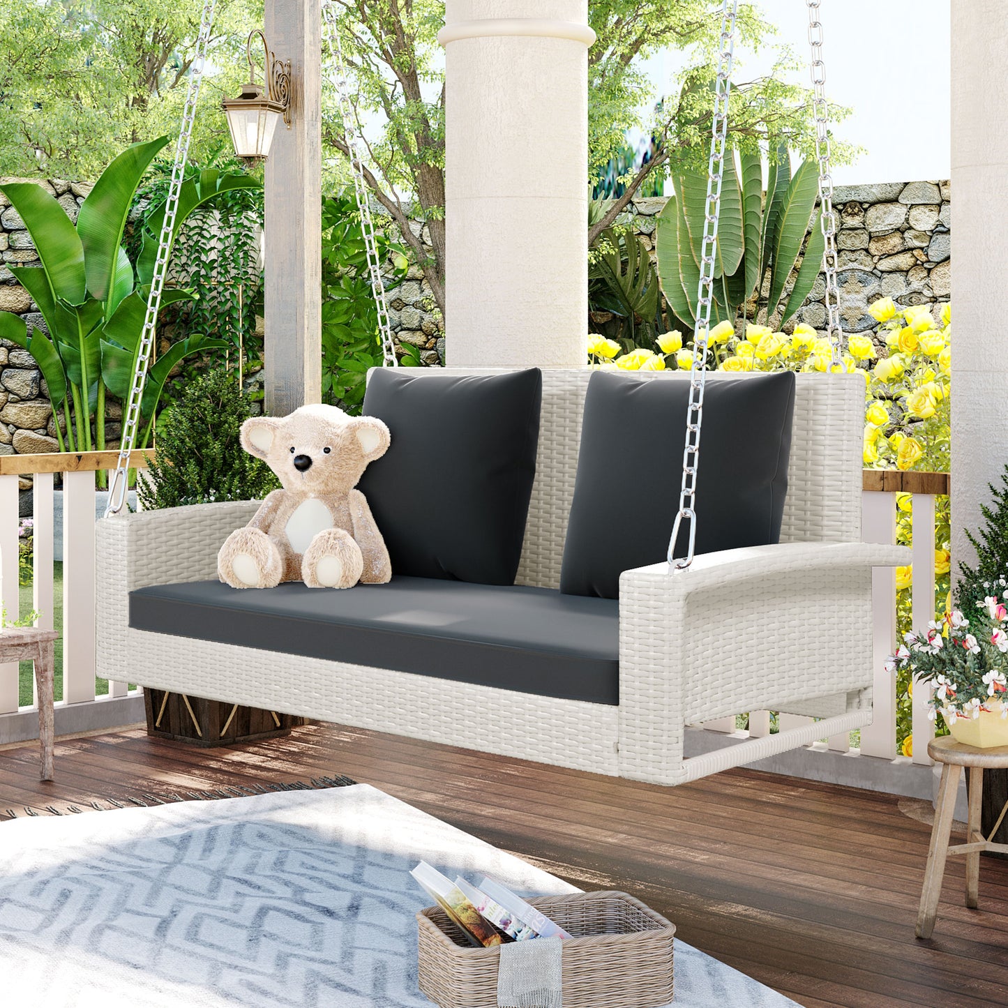2-Person Wicker Porch Hanging Swing, Outdoor Swing Bench Chair with Gray Cushions and Chains, Heavy Duty Hammock Chair for Backyard, Garden, Balcony, White, D7407