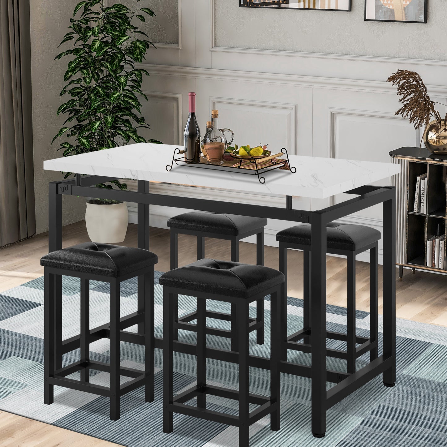 SYNGAR 5 Piece Dining Table Set, Modern Pub Table Set W/ 4 PU Leather Cushioned Stools, Counter Height Faux Marble Bar Table Set, 4-Person Dining Table & Stools Set, Kitchen Breakfast Table Set, D7774