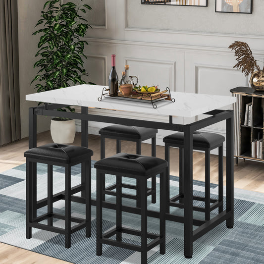 5 Piece Dining Table Set, Modern Pub Table Set with 4 PU Leather Cushioned Stools, Counter Height Faux Marble Bar Table Set, 4-Person Dining Table & Stools Set, Kitchen Table Set for Breakfast, D7773