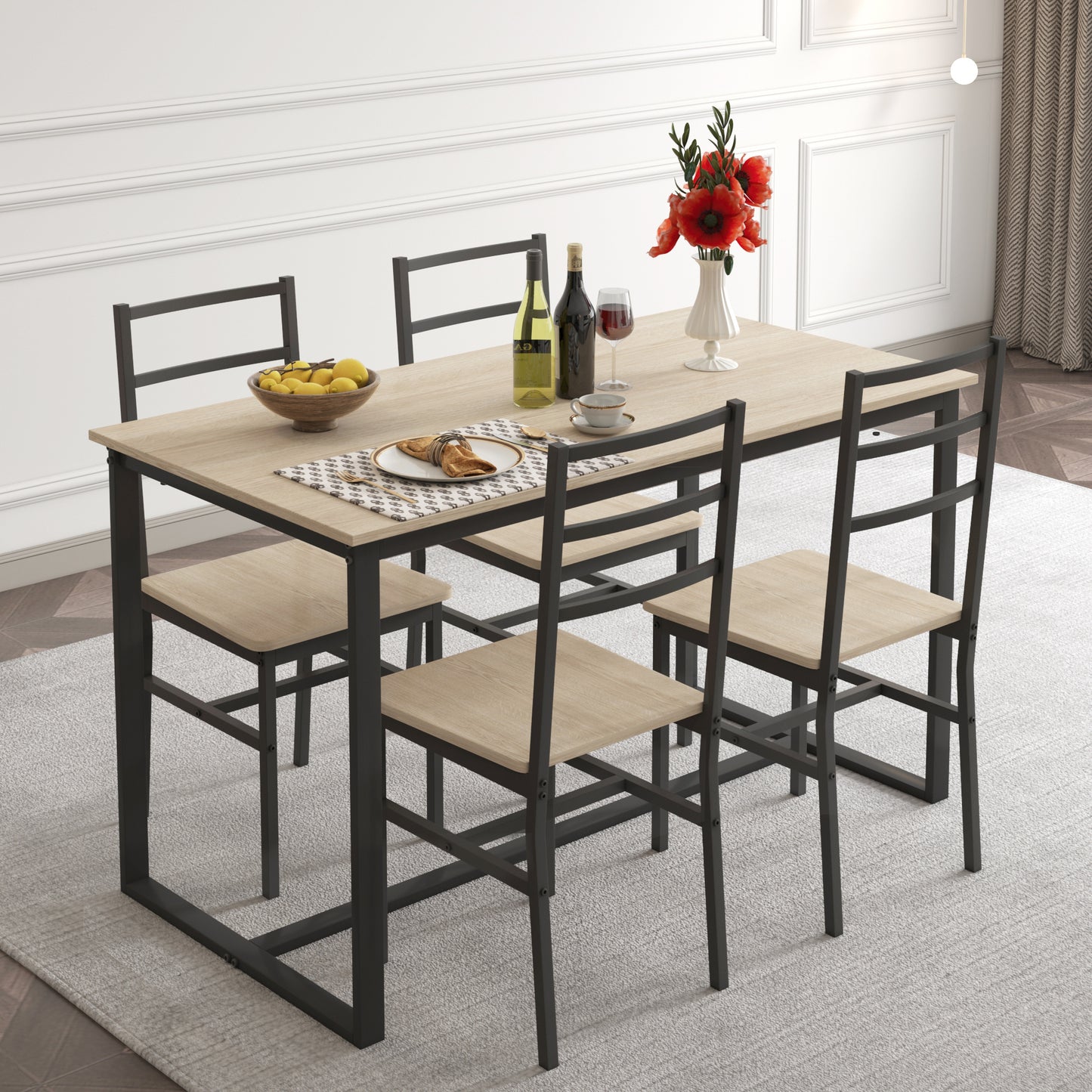 5 Piece Dining Set, Dining Table Set for 4, Modern Dining Room Table Set with 4 Chairs, Table and Chairs Set with Wooden Tabletop and Metal Frame, for Kitchen, Living Room, Restaurant, D6111
