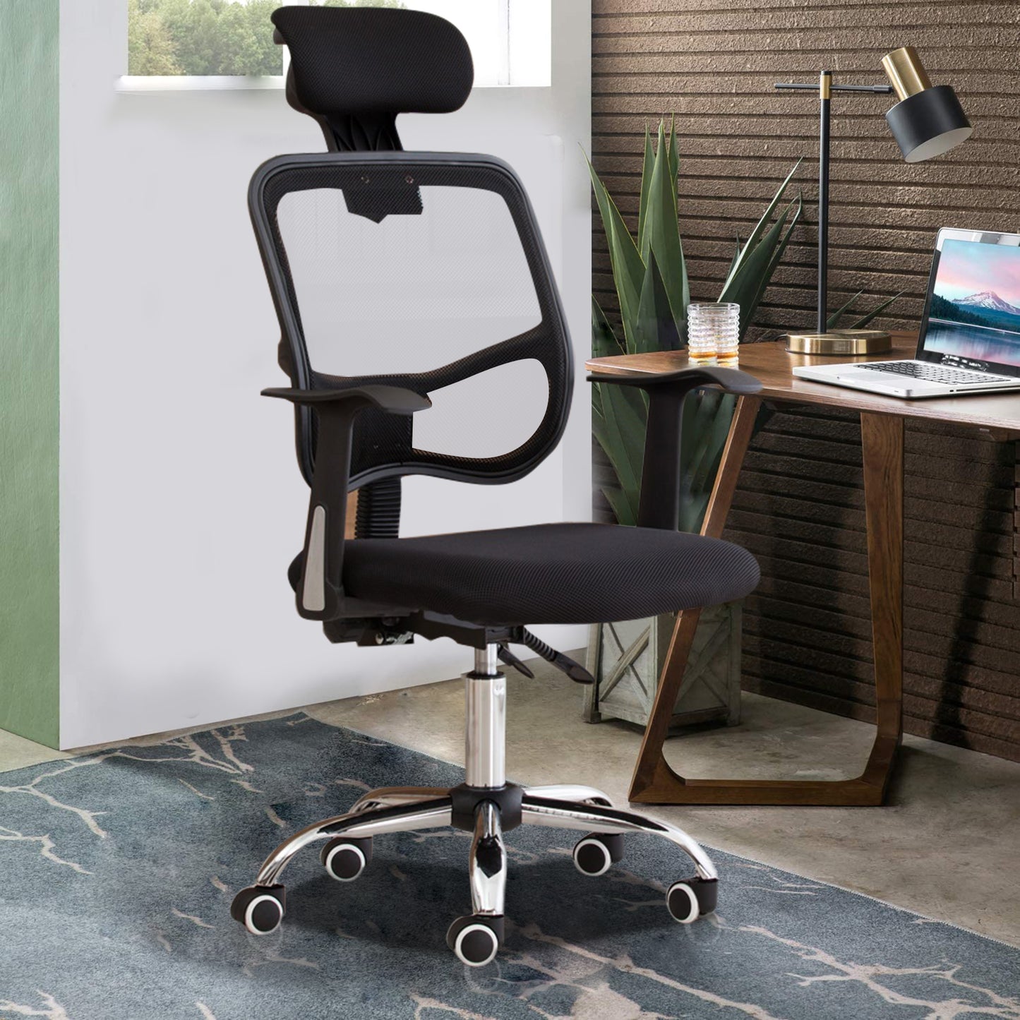 SYNGAR Office Desk Chair with Adjustable Height, Modern Arms Chair Office Chair Mid Back Mesh Fabric Swivel Computer Home Task Chairs Ergonomic Executive Chair with Armrests and Headrest, Black