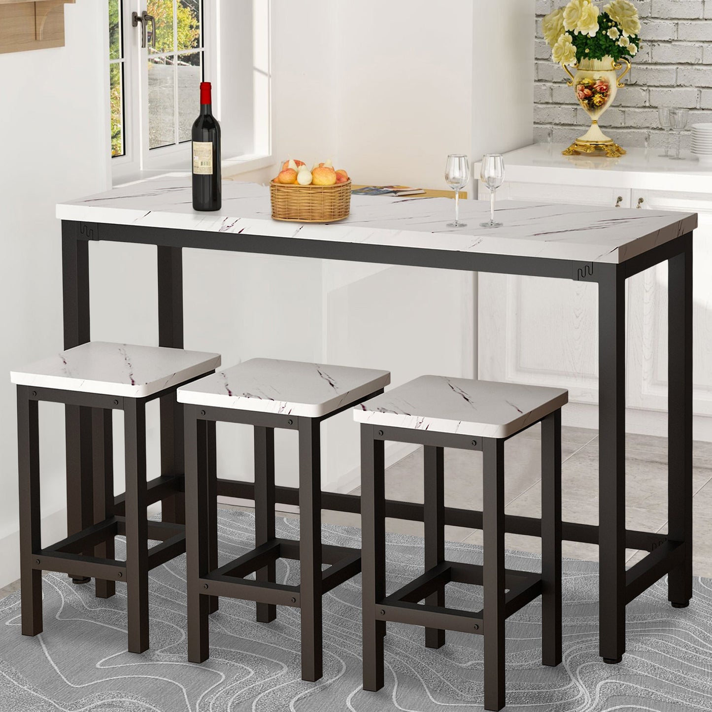 Counter Height Dining Set, 4 Pieces Long Pub Table Set with 3 Stools, Kitchen Table Set for 3, Bar Table Set for Small Spaces, Modern Breakfast Dining Table Set for Home/Restaurant, Brown, D6410