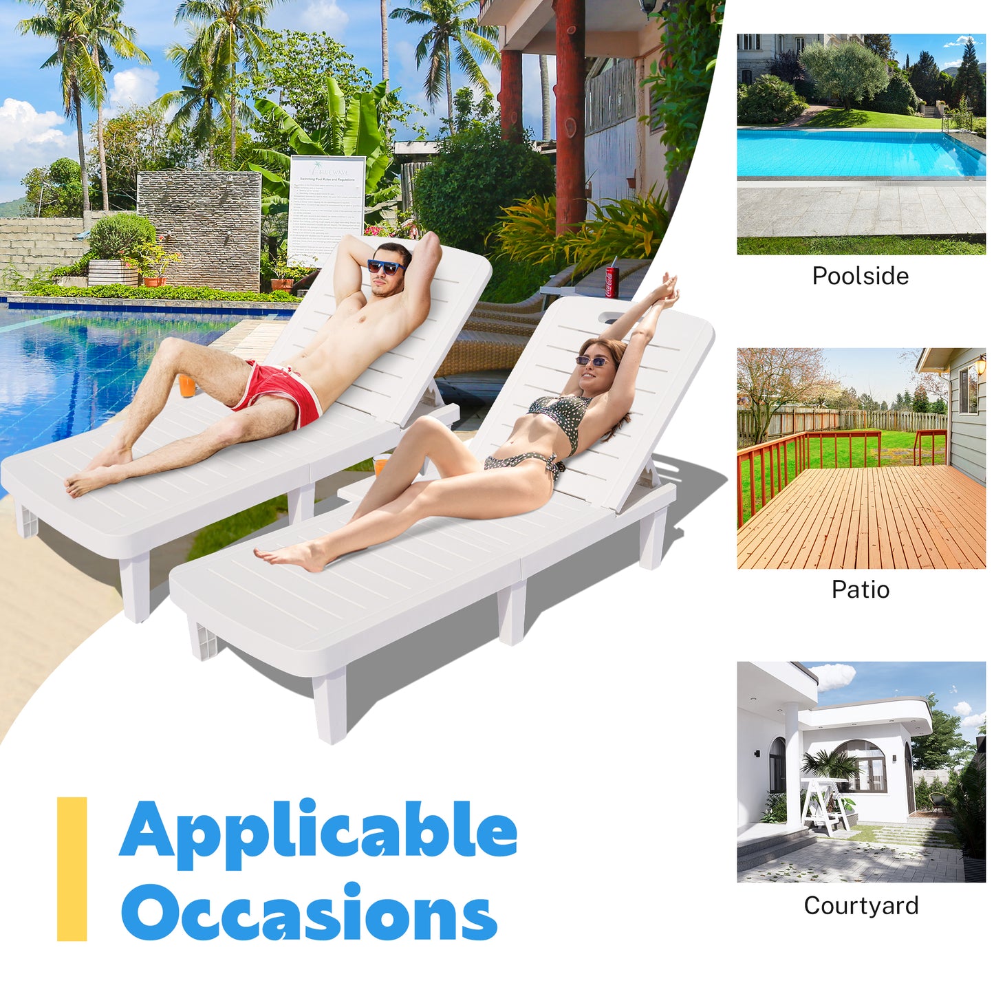 SYNGAR Patio Adjustable Chaise Loungers, Set of 2, Outdoor White PP Resin Lounge Chairs with 5 Angles Adjustable, Poolside Reclining Lounge Chairs, Sun Lounger for Outside, D7052