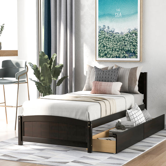 Twin Bed Frame with Storage Drawers, Pine Wood Platform Bed for Boys Girls Teens Adults, Espresso, LJ707