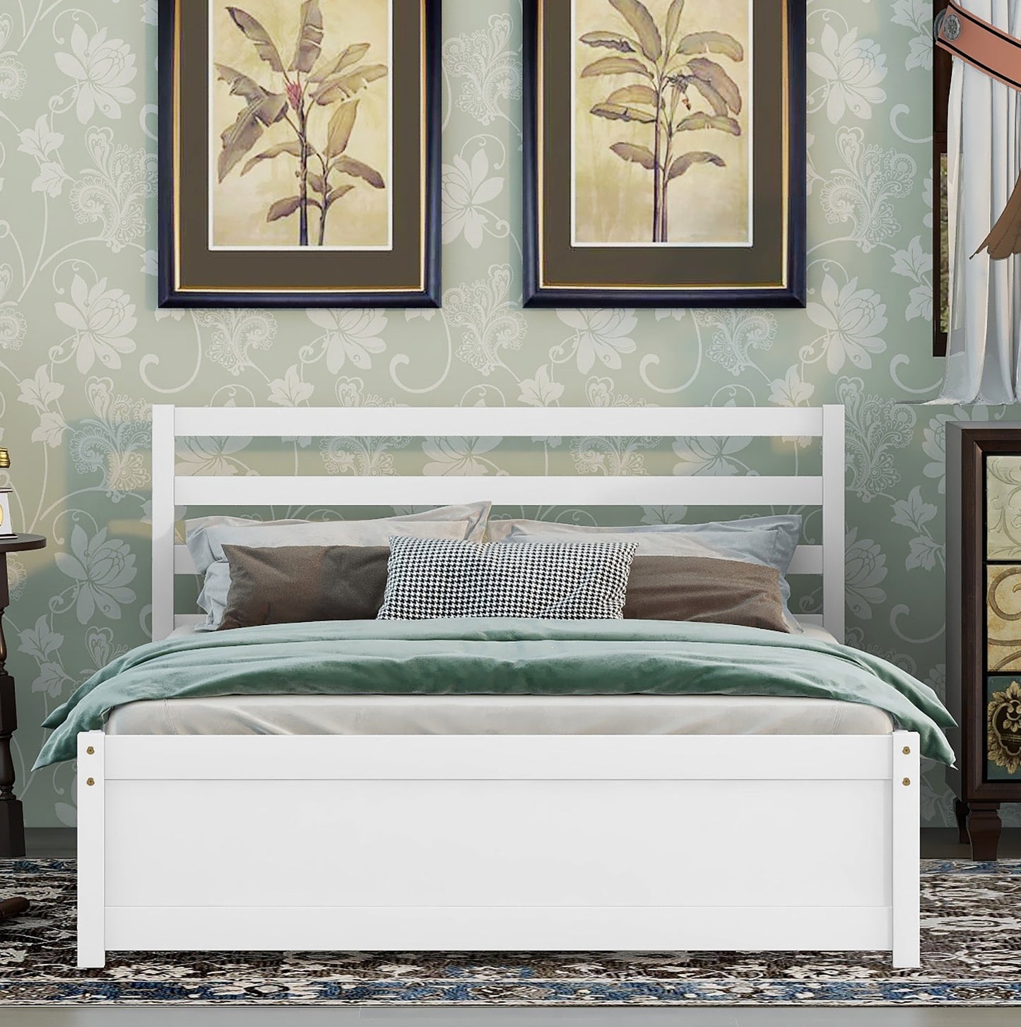 Syngar King Size Platform Bed with Headboard, Solid Wood Frame with Headboard, 500 Lbs. Weight Capacity, White, LJ2093