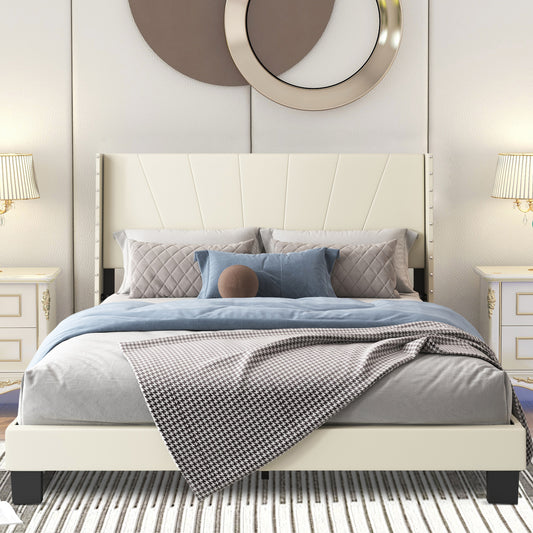 SYNGAR Beige Fabric Upholstered Platform Bed Frame Queen Size with Rivet Wingback Headboard, Mattress Foundation with Strong Wooden Slat Support for Kids Teens Adults, No Box Spring Needed