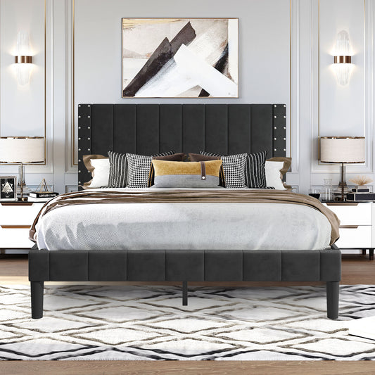 SYNGAR Queen Bed Frame, Modern Bed Frame with Square Tufted Upholstered Headboard, Wood Slat Support, Beige