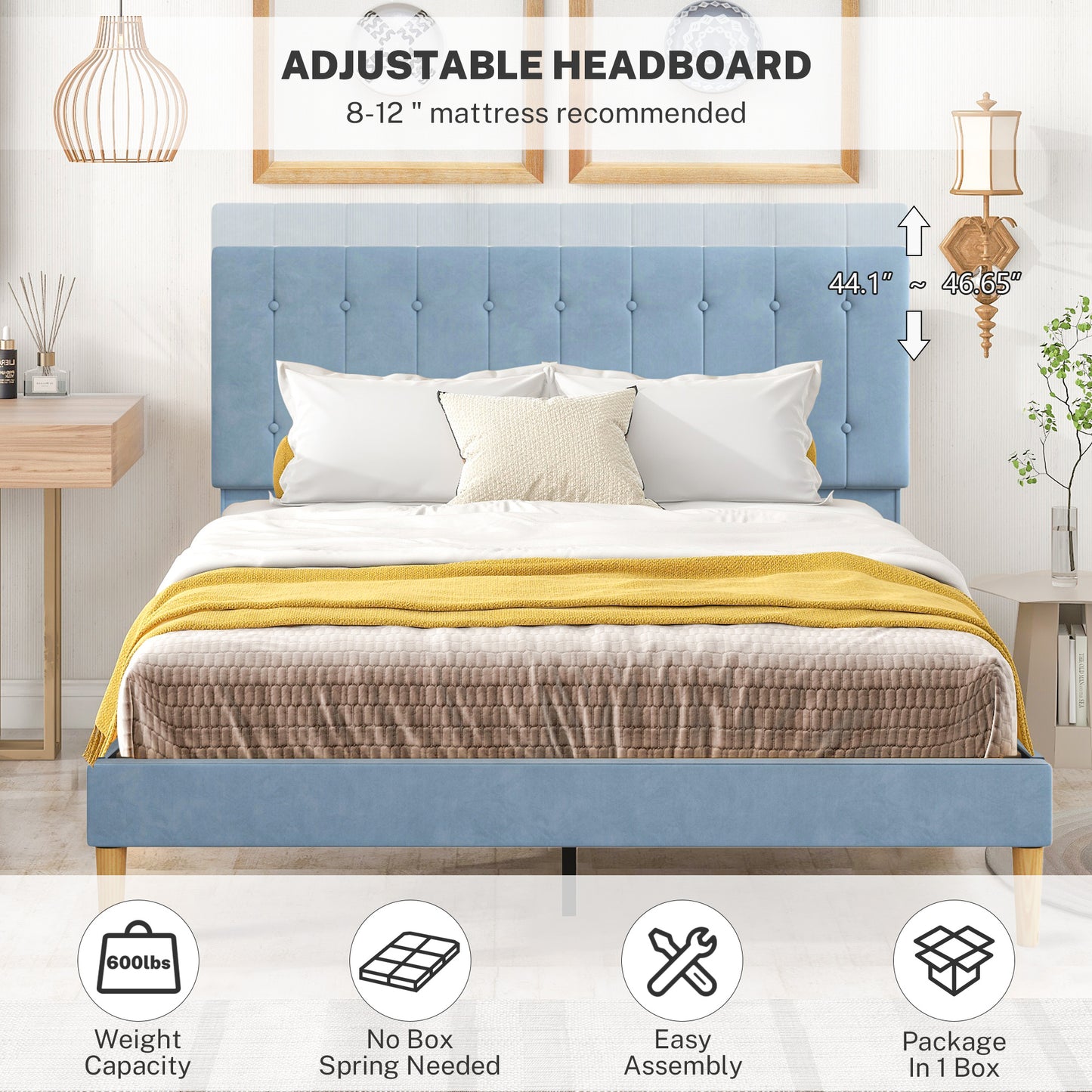 SYNGAR Upholstered Platform Bed Frame Queen Size with Button Tufted Headboard, New Upgrade Queen Bed Frame Mattress Foundation with Strong Slat Support, No Box Spring Needed, Blue