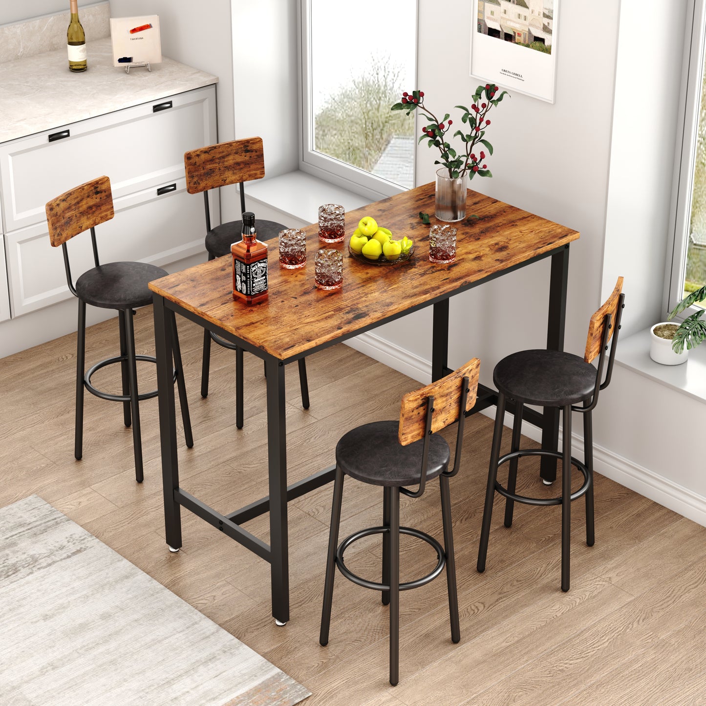5 Piece Bar Table Set, Modern Counter Height Dining Set, Home Dining Table and Chairs Set for 4, Kitchen Breakfast Table Set with 4 Cushioned Stools, Bistro Pub Table Set, D6424