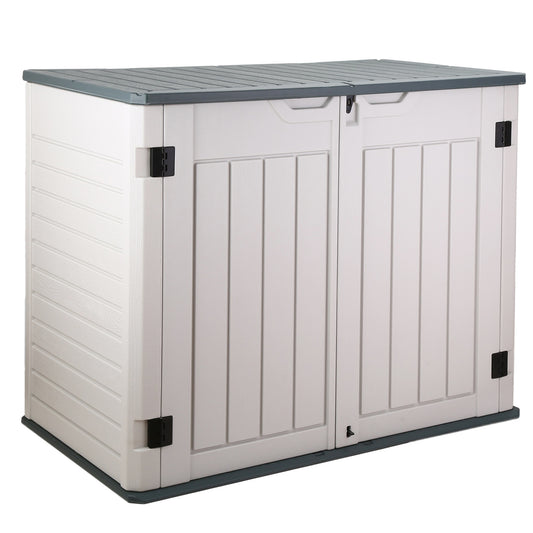 Syngar Outdoor Horizontal Storage Shed, 35 cu. ft. All-Weather Resin Tool Shed, Lockable Double Door Shed for Storage of Garden Tools, Pool Accessories, Bikes, Garbage Bin, for Garden Yard Lawn Pool