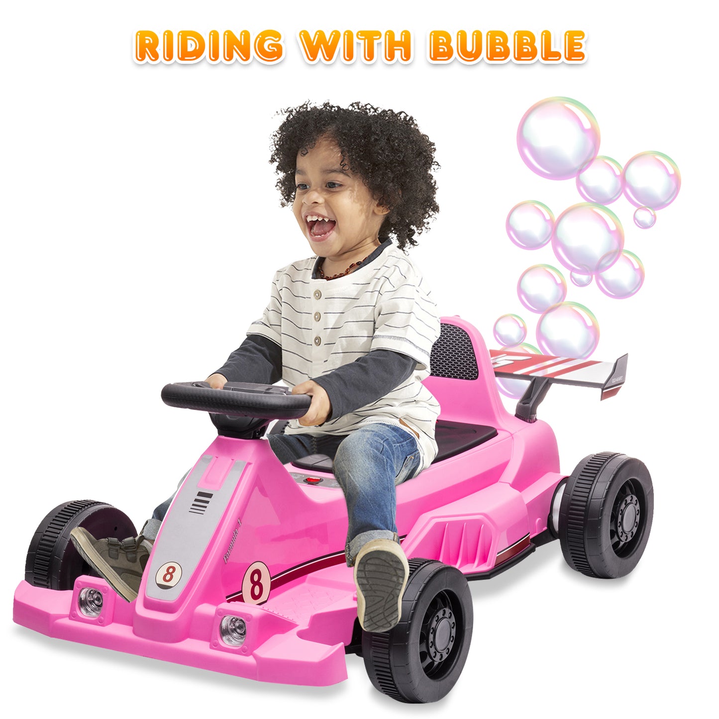 SYNGAR 6V Kids Bubble Ride on Car, Battery Powered Go Kart with Bubble Function LED Headlights and Horn, Kids Ride on Toys for Boys Girls Ages 2 and Older, Pink