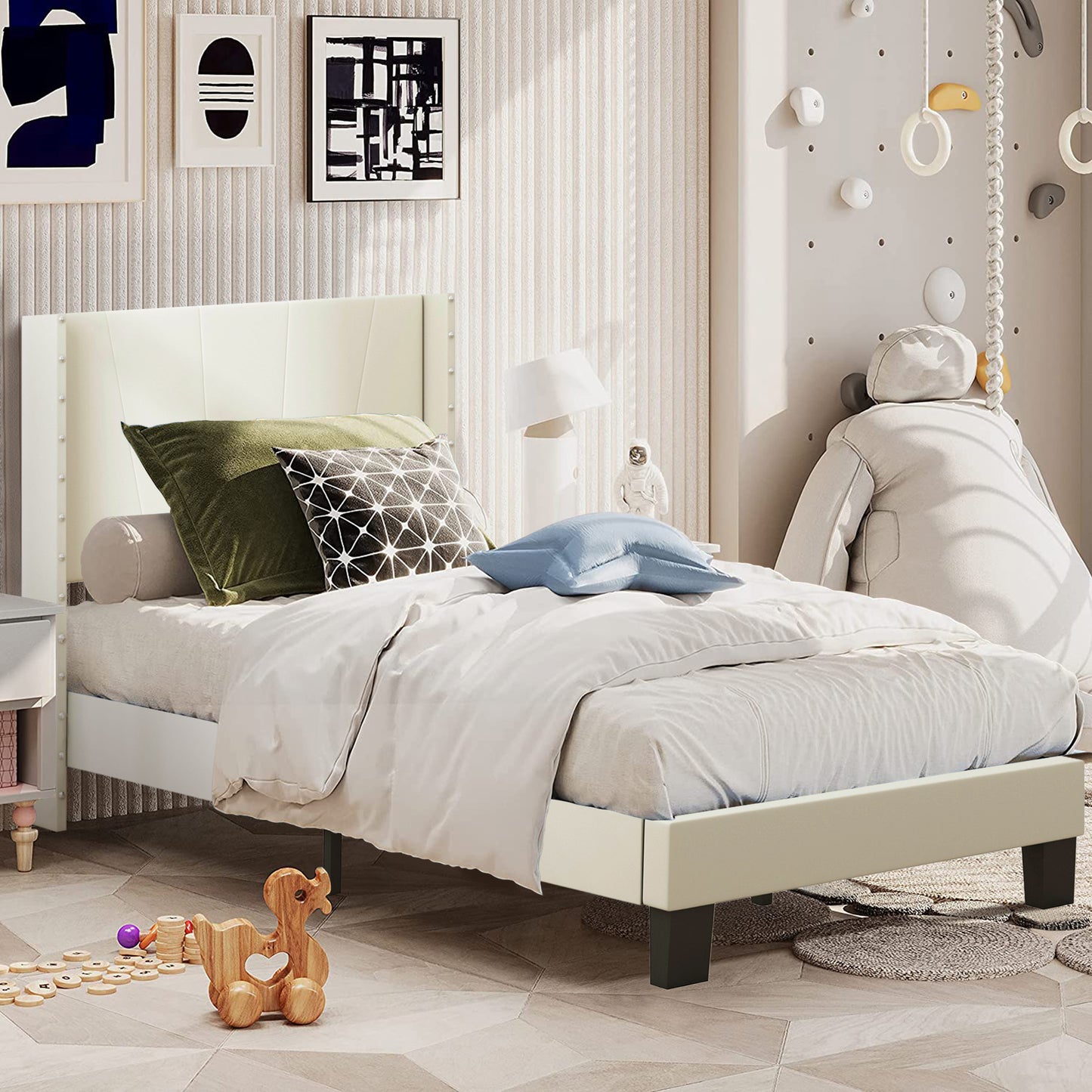 SYNGAR Twin Size Fabric Fully Upholstered Platform Bed Frame with Rivet Wingback Headboard, Sturdy Metal Frame, Strong Wooden Slats, No Box Spring Needed, Easy Assembly, Beige