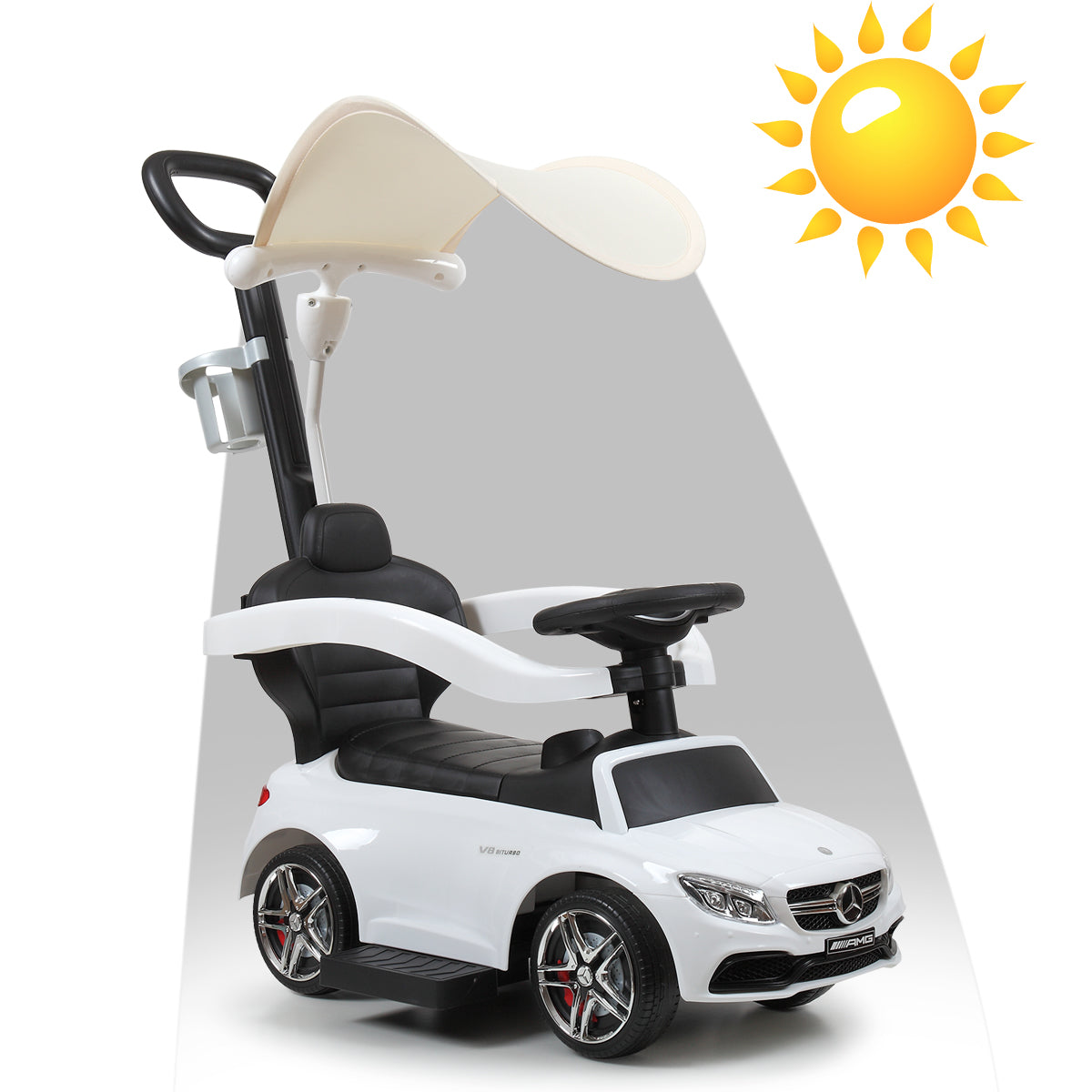 Push Car for Toddlers, 3 in 1 Licensed Mercedes Benz Car Stroller with Canopy, Parent Handle, Safety Bar, Cup Holder, Music, Horn and Storage, Baby Ride on Car for 1-3 Years Boys & Girls, White, C16