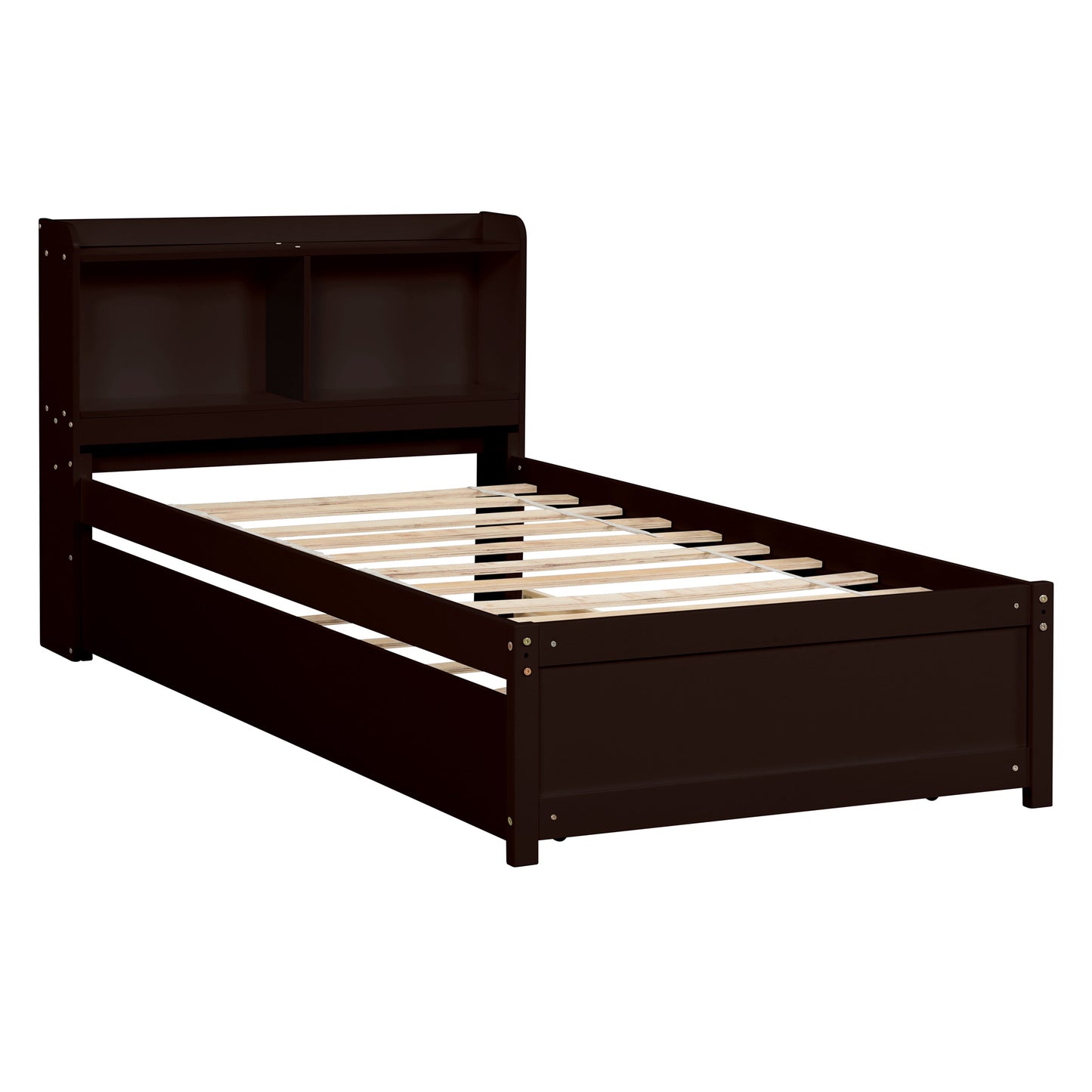 Twin Bed Frame with Trundle Included, Solid Pine Wood Platform Bed Frame with Storage Headboard for Kids Teens Adults, Espresso