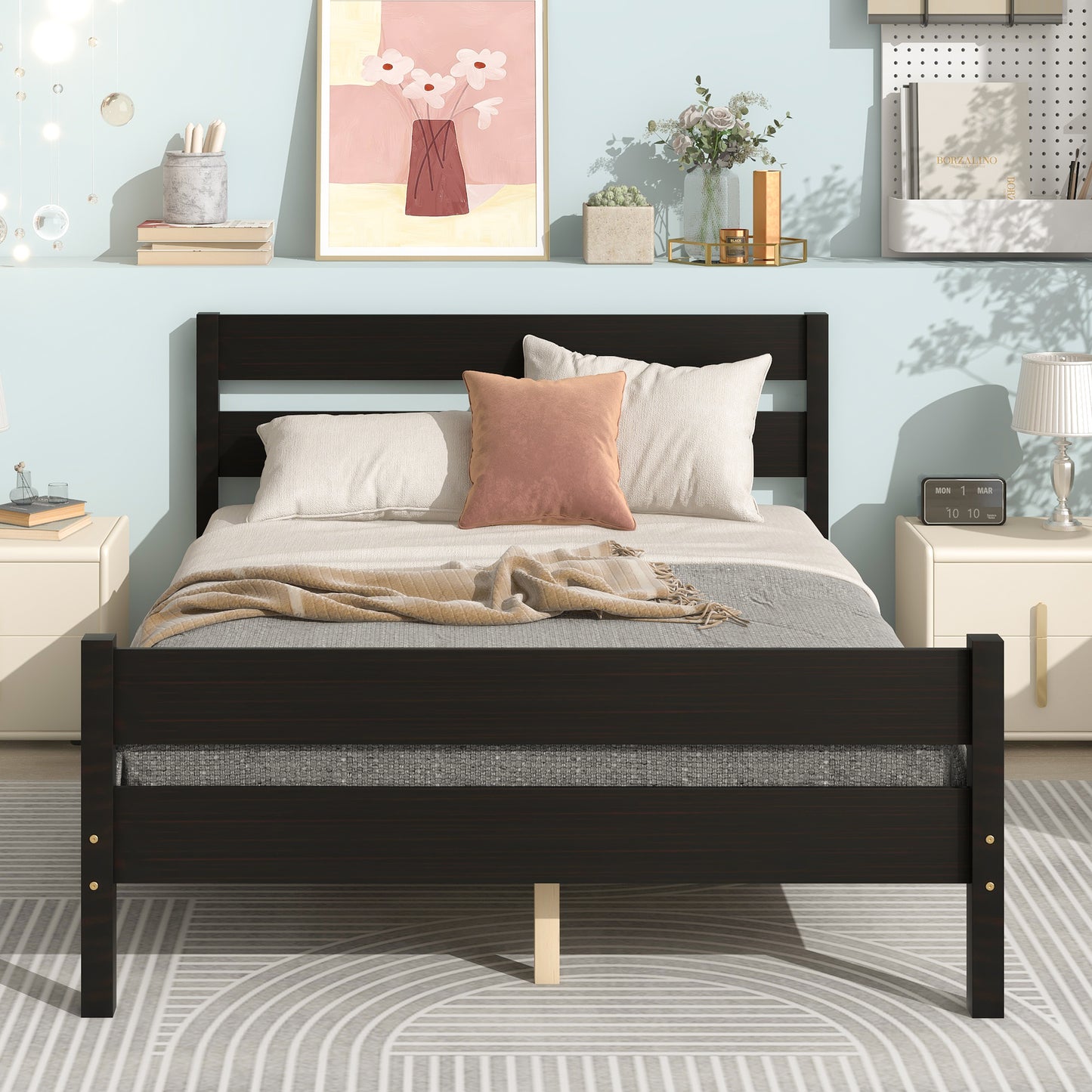 Wood Twin Platform Bed Frame with Headboard and Footboard for Kids Boys Girls Teens Adults, Espresso, LJ797
