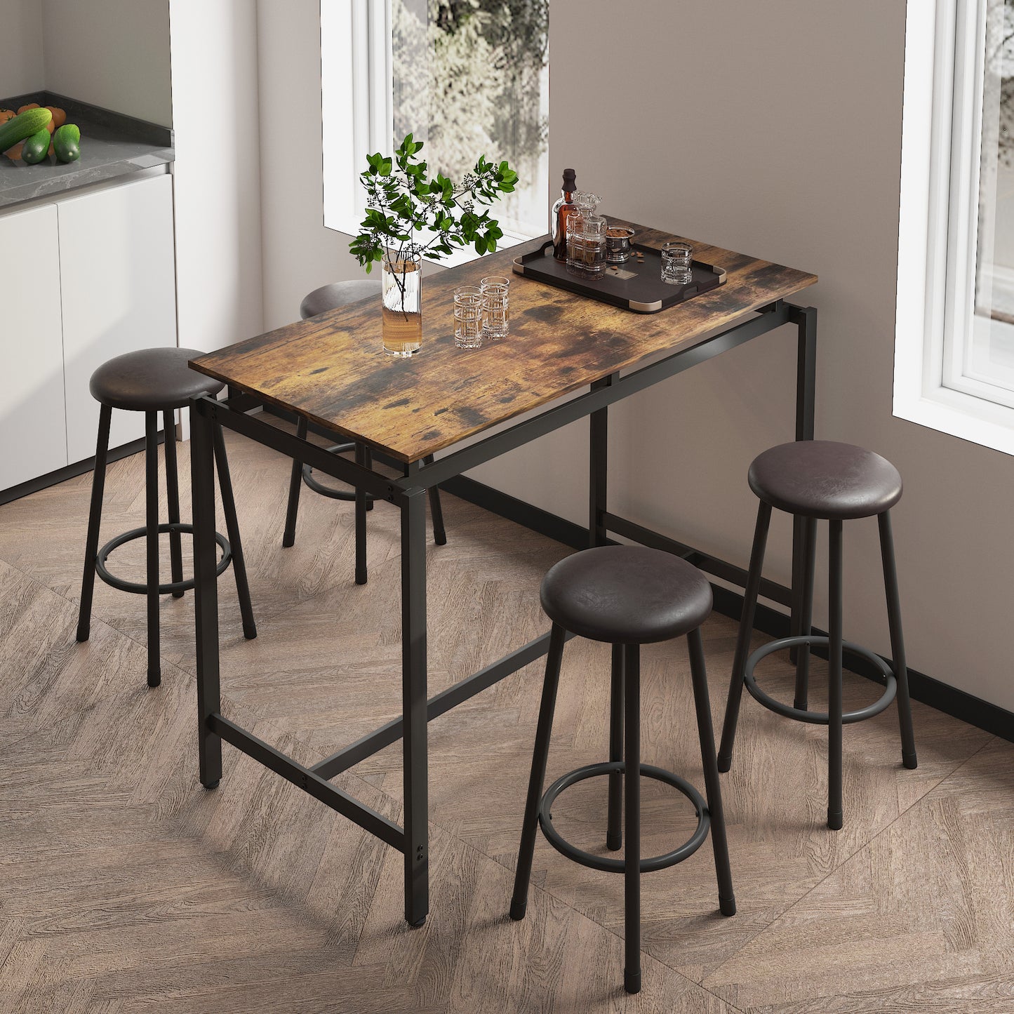 SYNGAR 5 Piece Pub Table Set, Counter Height Faux Marble Bar Table Set with 4 PU Leather Cushioned Stools, Modern Home 4-Person Dining Table Set, Kitchen Breakfast Table and Stools Set, Y010